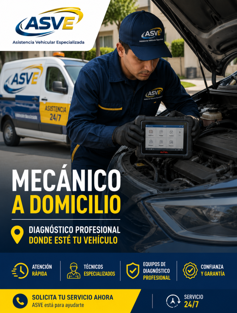 Mecánico a domicilio de ASVE realizando diagnóstico profesional con escáner a un automóvil, ofreciendo asistencia vehicular especializada en Bogotá y Colombia.